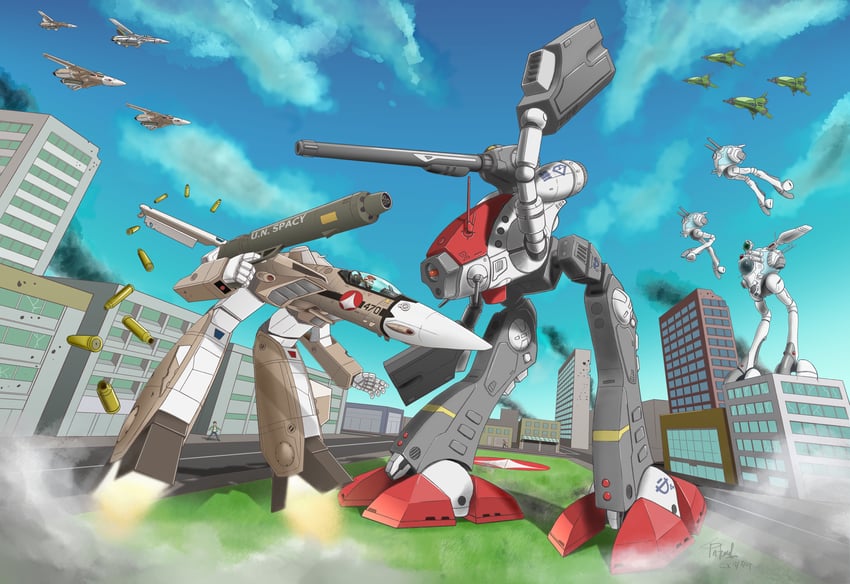 vf-1, vf-1a, regult, and glaug (macross and 1 more) drawn by infernal_lion
