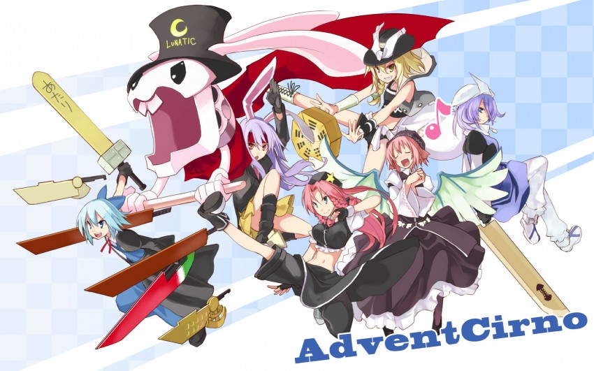 kirisame marisa, cirno, reisen udongein inaba, hong meiling, mystia lorelei, and 1 more (touhou and 1 more) drawn by ushiki_yoshitaka