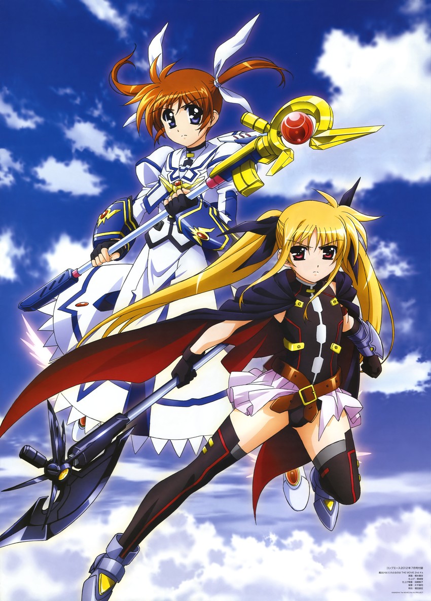 fate testarossa, takamachi nanoha, raising heart, and bardiche (lyrical nanoha and 3 more) drawn by hashimoto_takayoshi and okuda_yasuhiro