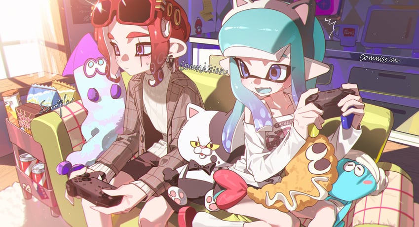 inkling player character, inkling girl, octoling player character, octoling boy, jellyfish, and 1 more (splatoon and 1 more) drawn by namazuoku
