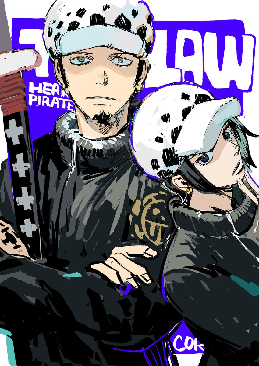 trafalgar law and law-chan (one piece) drawn by santagawa