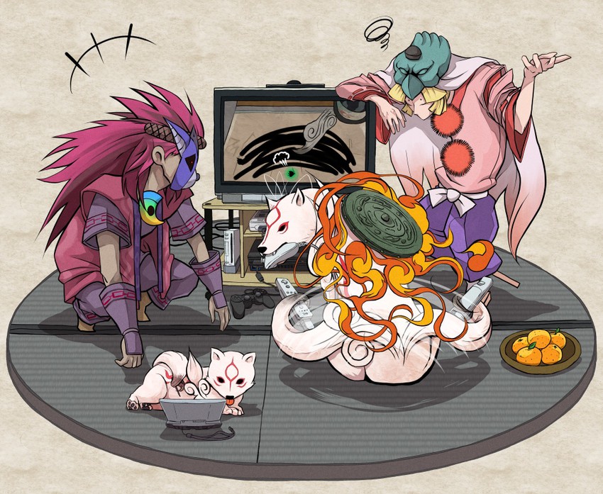 amaterasu, issun, ushiwakamaru, chibiterasu, and okikurumi (ookami) drawn by tsukumo_(soar99)