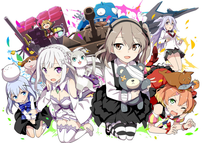 kafuu chino, emilia, shimada arisu, boko, tippy, and 7 more (girls und panzer and 10 more) drawn by gotyou