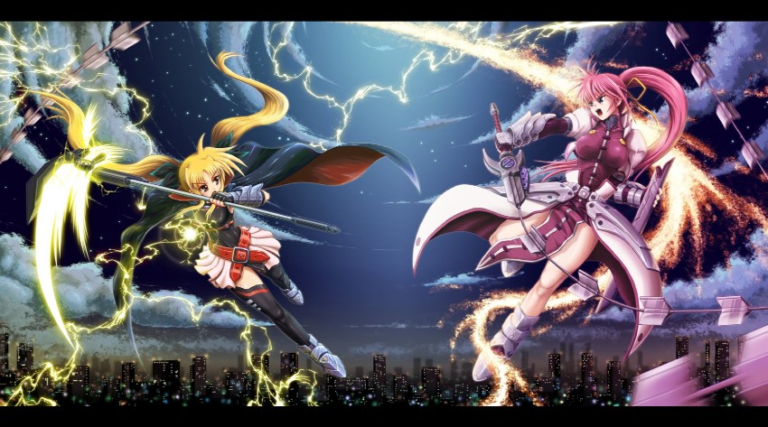 fate testarossa, signum, laevatein, and bardiche (lyrical nanoha and 2 more) drawn by sentaro