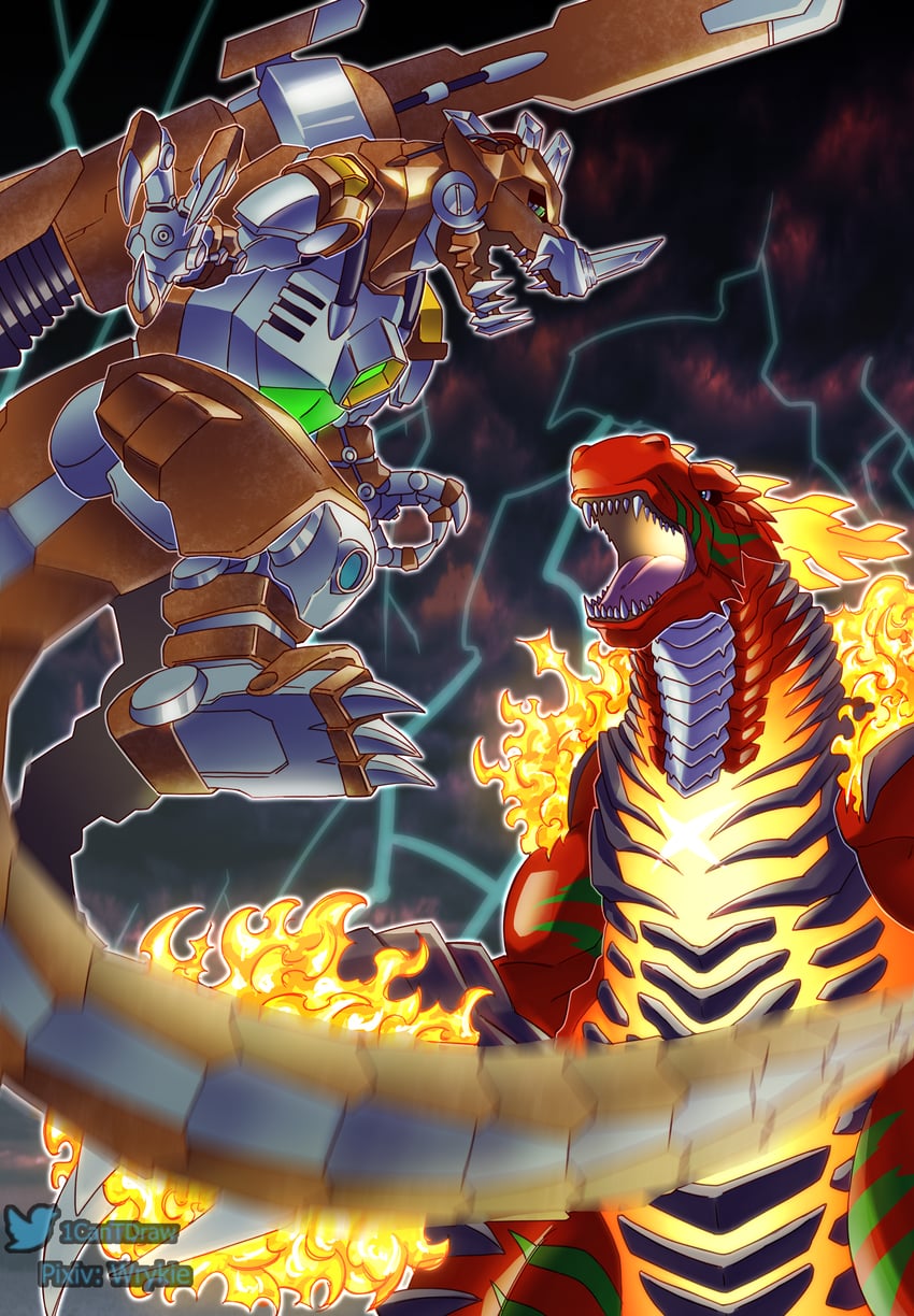 rusttyranomon and dinomon (digimon and 3 more) drawn by richard_park
