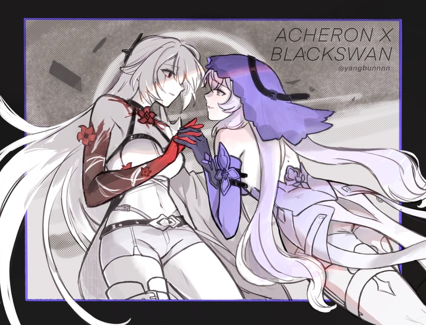 acheron and black swan (honkai and 1 more) drawn by yangjiao_mianbao_(yangbunnnn)