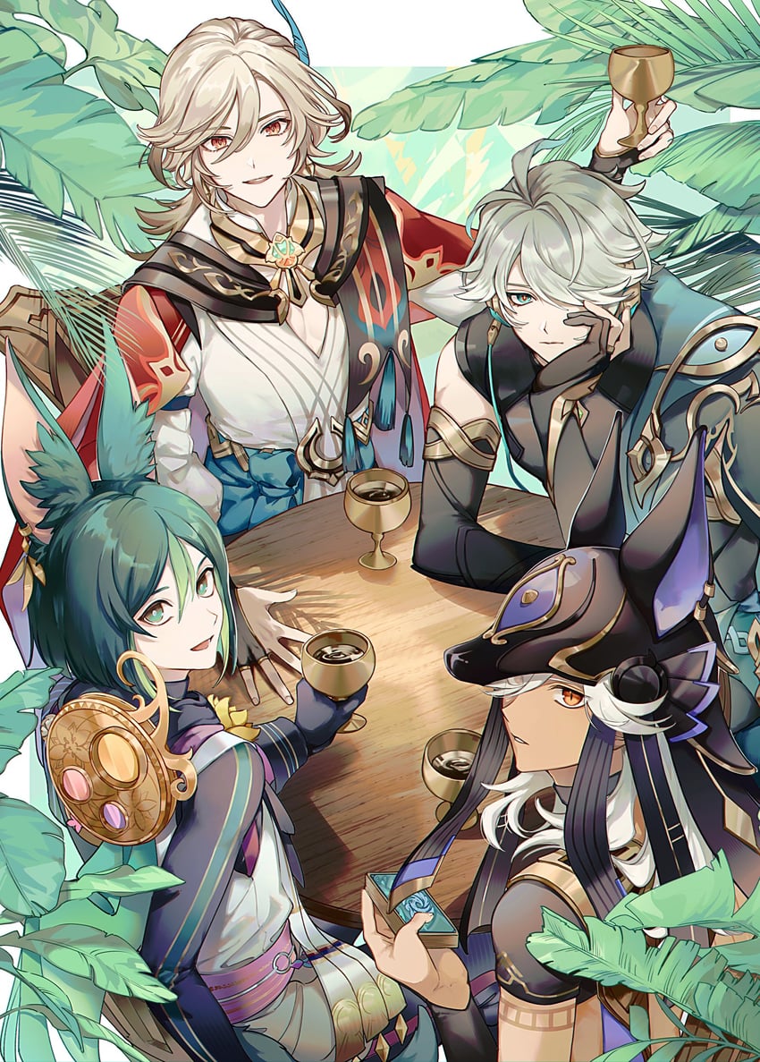 alhaitham, tighnari, kaveh, and cyno (genshin impact) drawn by otmmro