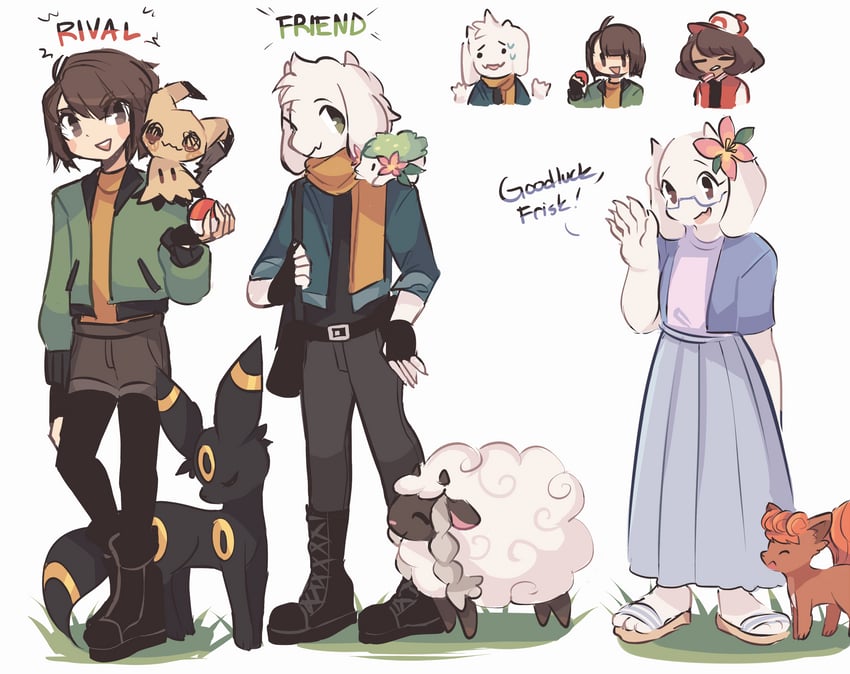 umbreon, mimikyu, frisk, chara, vulpix, and 4 more (pokemon and 1 more) drawn by charamells