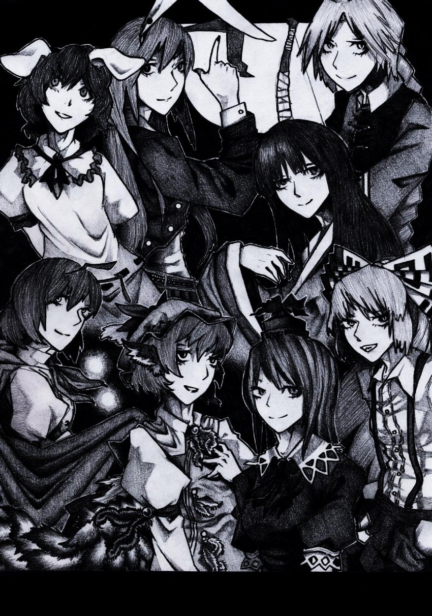 reisen udongein inaba, fujiwara no mokou, kamishirasawa keine, houraisan kaguya, mystia lorelei, and 3 more (touhou and 1 more) drawn by chotto