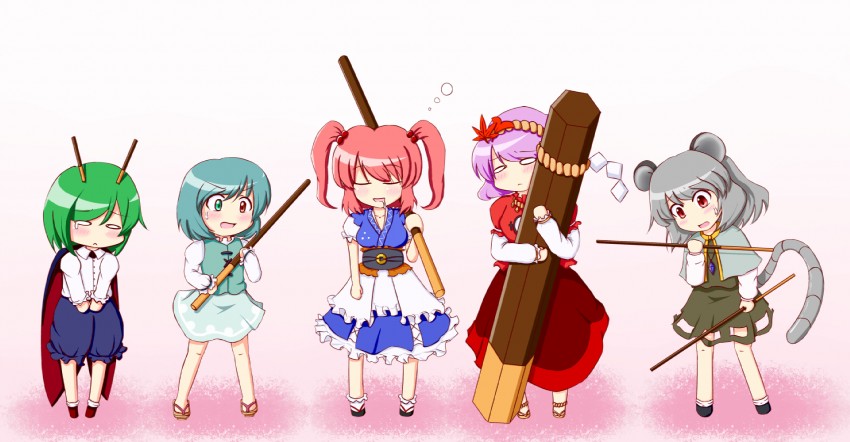 tatara kogasa, nazrin, yasaka kanako, wriggle nightbug, and onozuka komachi (touhou) drawn by bita