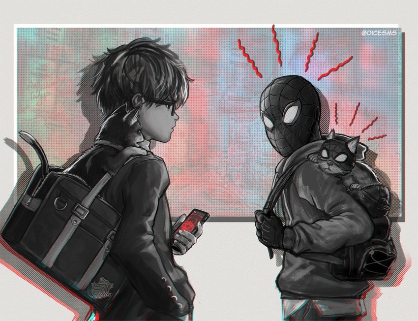 amamiya ren, morgana, miles morales, spider-man, and spider-cat (persona and 4 more) drawn by dicesms