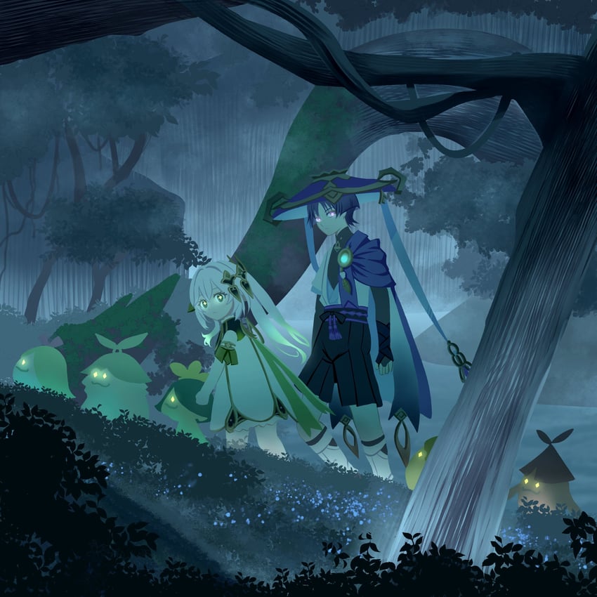 scaramouche, nahida, wanderer, and aranara (genshin impact) drawn by caramelo_game