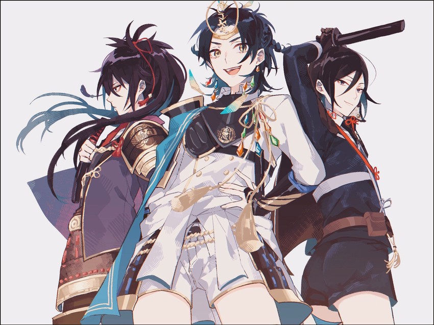 yagen toushirou, taikogane sadamune, and fudou yukimitsu (touken ranbu) drawn by yamada_chickenko
