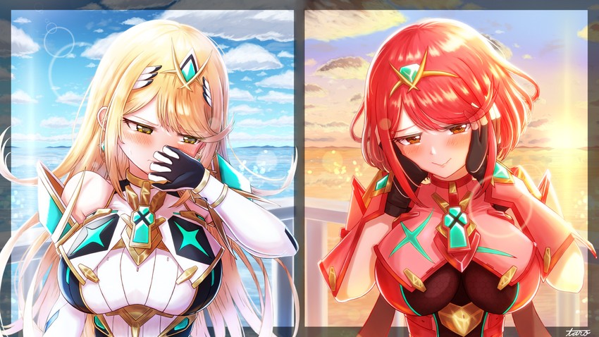 pyra and mythra (xenoblade chronicles and 2 more) drawn by taro_(peach_taro51)