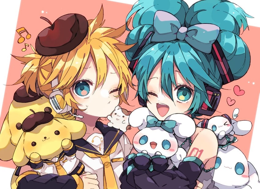 hatsune miku, kagamine len, cinnamoroll, cinnamiku, pompompurin, and 1 more (vocaloid and 2 more) drawn by kaho_0102