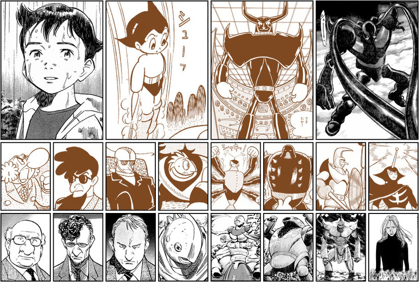 atom, gesicht, epsilon, professor ochanomizu, north no. 2, and 4 more (tetsuwan atom and 1 more) drawn by tezuka_osamu and urasawa_naoki