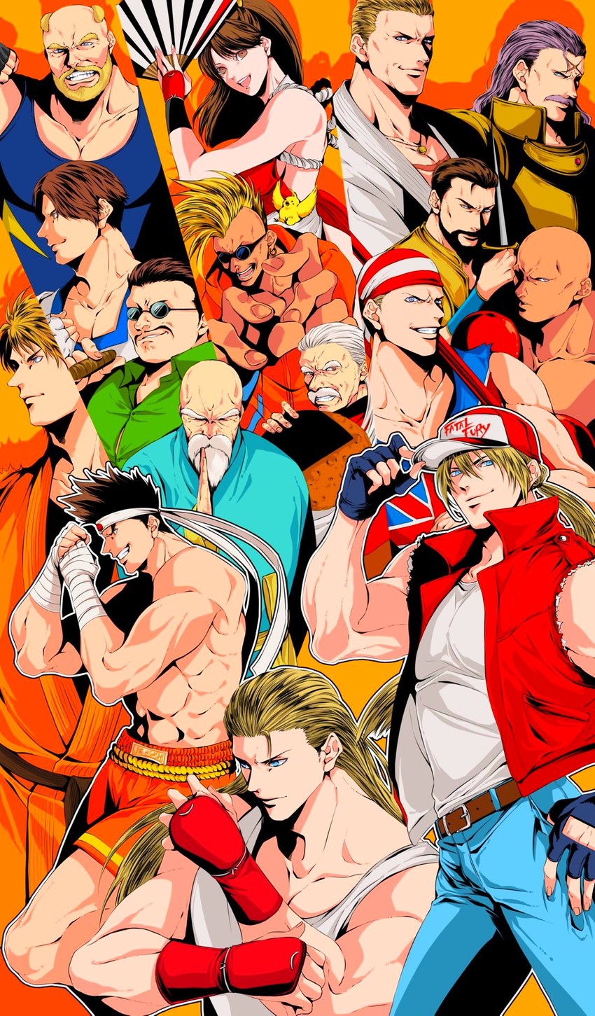 shiranui mai, terry bogard, ryou sakazaki, billy kane, andy bogard, and 11 more (the king of fighters and 2 more) drawn by osakana_e