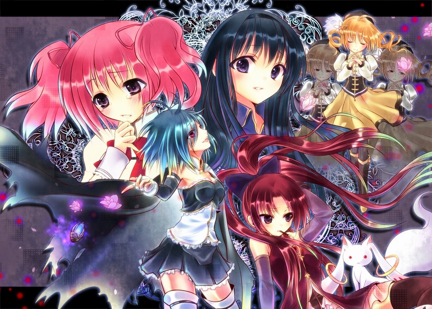 akemi homura, kaname madoka, miki sayaka, sakura kyoko, tomoe mami, and 1 more (mahou shoujo madoka magica) drawn by maryquant