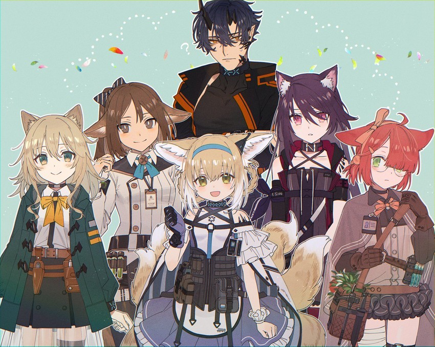 suzuran, perfumer, flamebringer, melantha, podenco, and 1 more (arknights) drawn by ji_mag_(artist)