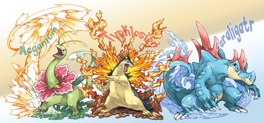 typhlosion, feraligatr, and meganium (pokemon) drawn by pearl7