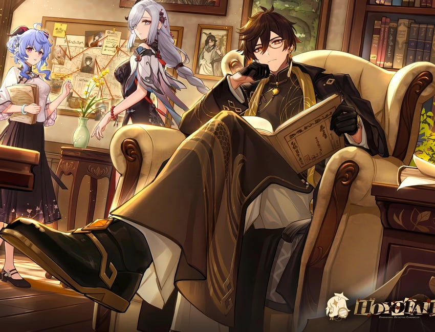 zhongli, xiao, yelan, ningguang, xianyun, and 1 more (genshin impact) drawn by feile_baogan