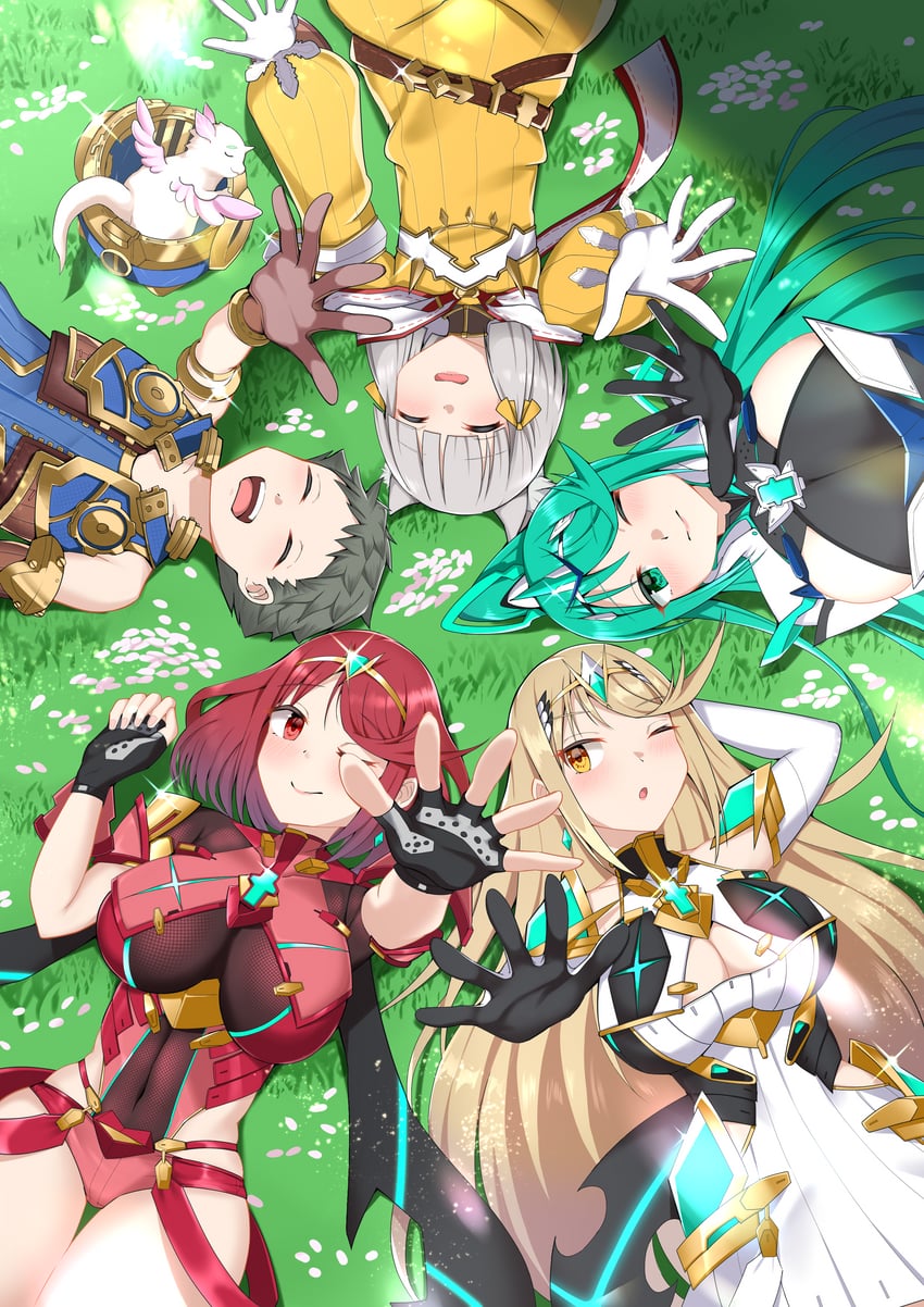 pyra, mythra, nia, rex, pneuma, and 1 more (xenoblade chronicles and 1 more) drawn by ii_tea