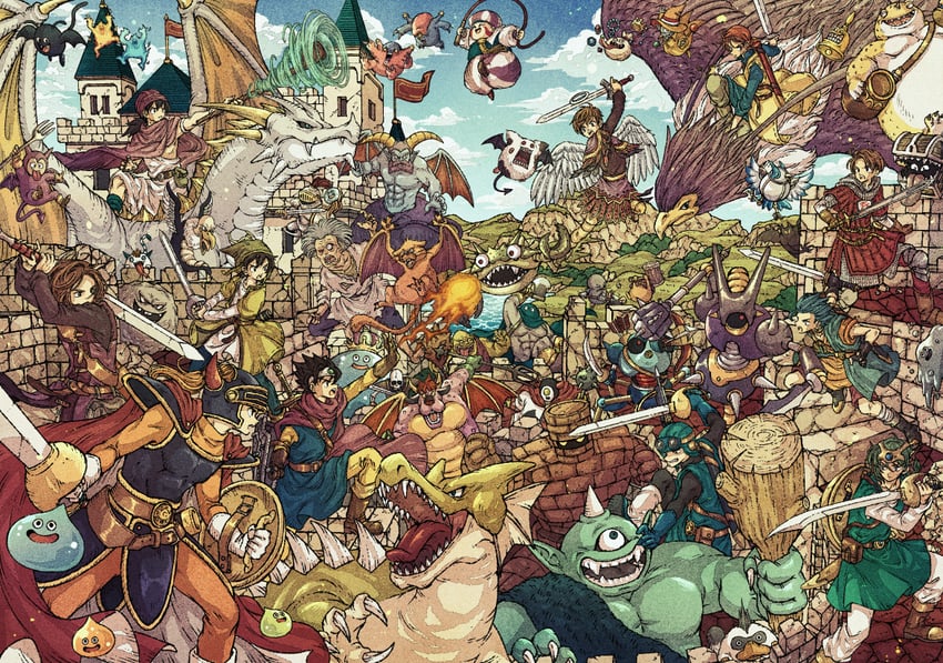 slime, roto, prince of lorasia, hero, healslime, and 26 more (dragon quest and 11 more) drawn by toriga