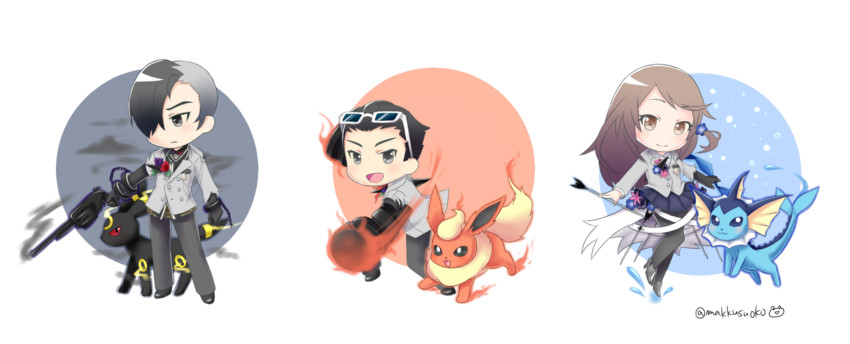 umbreon, vaporeon, flareon, satake shougo, kashiwaba kotono, and 1 more (pokemon and 1 more) drawn by do_m_kaeru