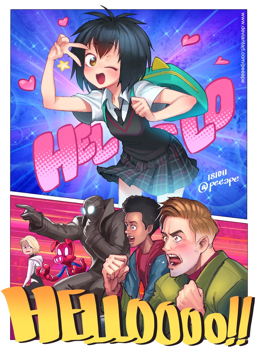 spider-gwen, gwen stacy, peni parker, peter parker, miles morales, and 2 more (marvel and 3 more) drawn by peeape_(nathakitt)