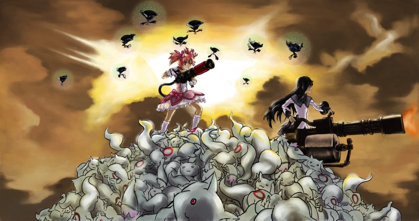 akemi homura, kaname madoka, kyubey, walpurgisnacht, medic, and 1 more (mahou shoujo madoka magica and 2 more) drawn by arantheus