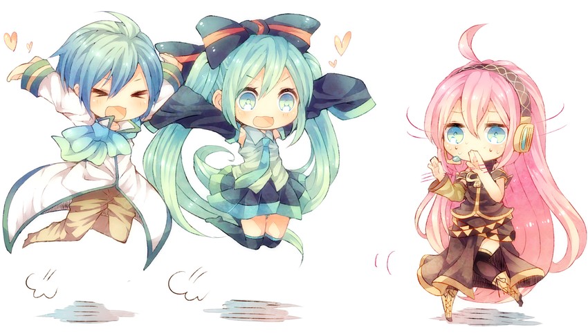 hatsune miku, megurine luka, and kaito (vocaloid) drawn by niwako