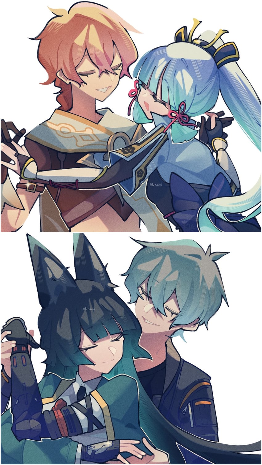 aether, kamisato ayaka, hoshimi miyabi, and wise (genshin impact and 1 more) drawn by mio_chan07