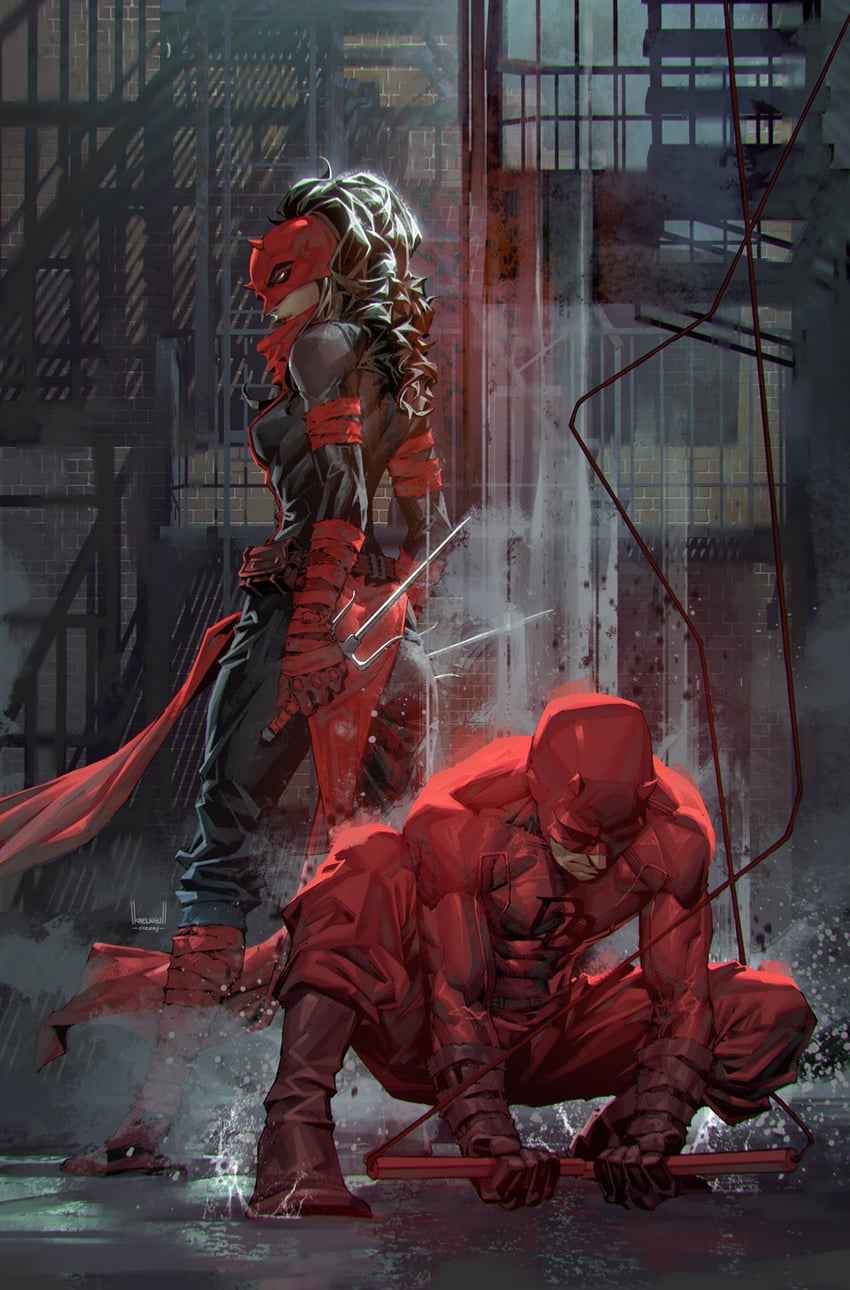 daredevil, elektra natchios, and matt murdock (marvel) drawn by kael_ngu
