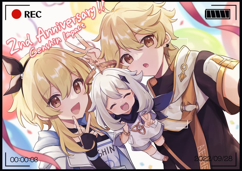 lumine, aether, and paimon (genshin impact) drawn by shirase_(shirose)