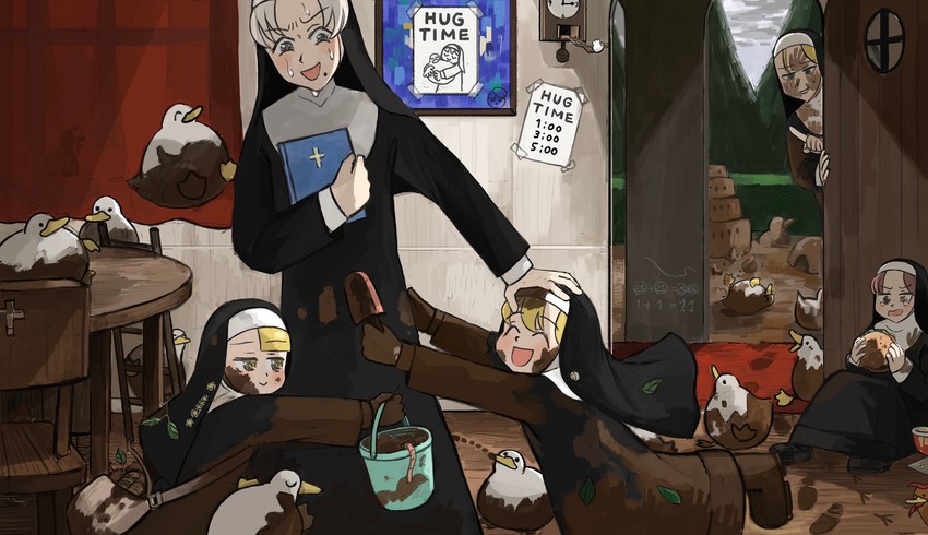 clumsy nun, spicy nun, strict nun, hungry nun, and smug nun (little nuns) drawn by diva_(hyxpk)