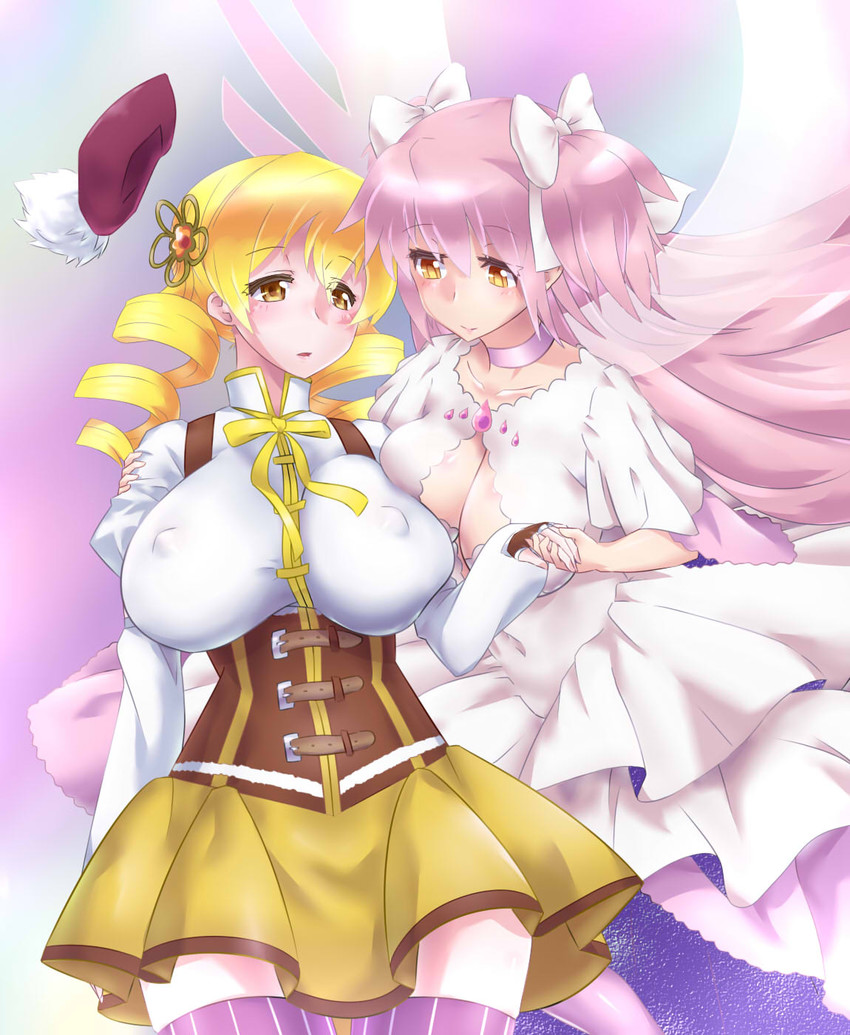 kaname madoka, tomoe mami, and ultimate madoka (mahou shoujo madoka magica) drawn by mizuumi_(bb)