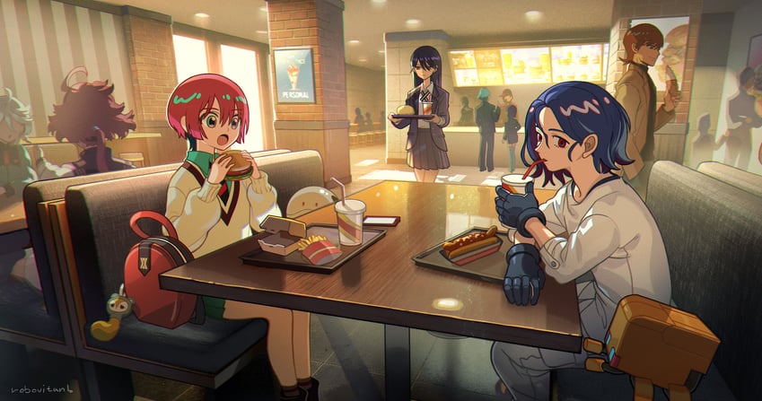 suletta mercury, miorine rembran, amate yuzuriha, haro, shuji ito, and 5 more (gundam and 2 more) drawn by shinwoo_choi