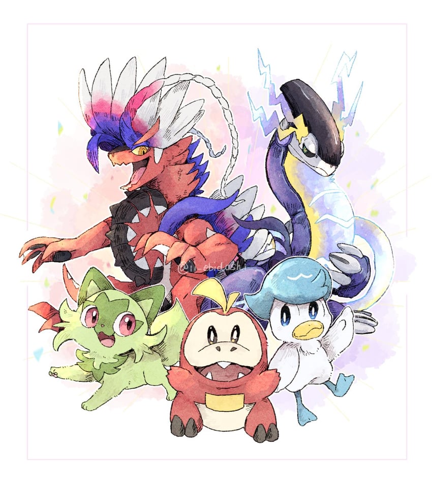 sprigatito, fuecoco, quaxly, koraidon, and miraidon (pokemon) drawn by ii_ebidashi