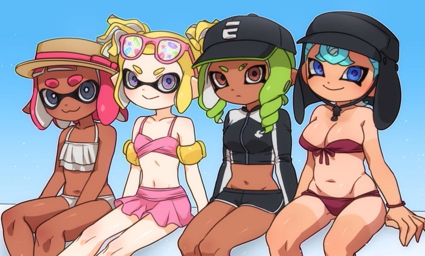 inkling player character, inkling girl, octoling player character, octoling girl, and aki (splatoon) drawn by ikki_(gsl_9708)