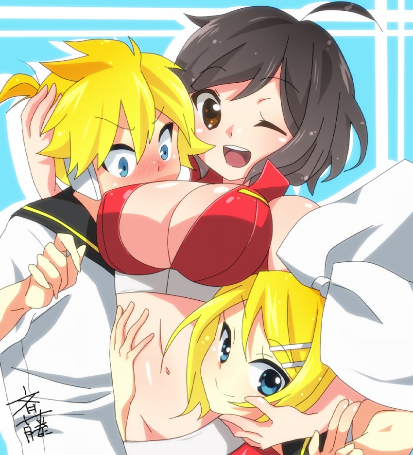 kagamine rin, kagamine len, and meiko (vocaloid) drawn by sukoyaka_(100hituzi)
