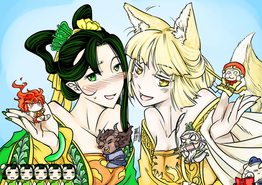 sun wukong, zhu bajie, hong hai-er, tie shan gongzhu, niu mo wang, and 1 more (journey to the west) drawn by antaria