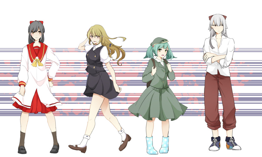 hakurei reimu, kirisame marisa, fujiwara no mokou, and kawashiro nitori (touhou) drawn by kuroda_(chokobo_314)