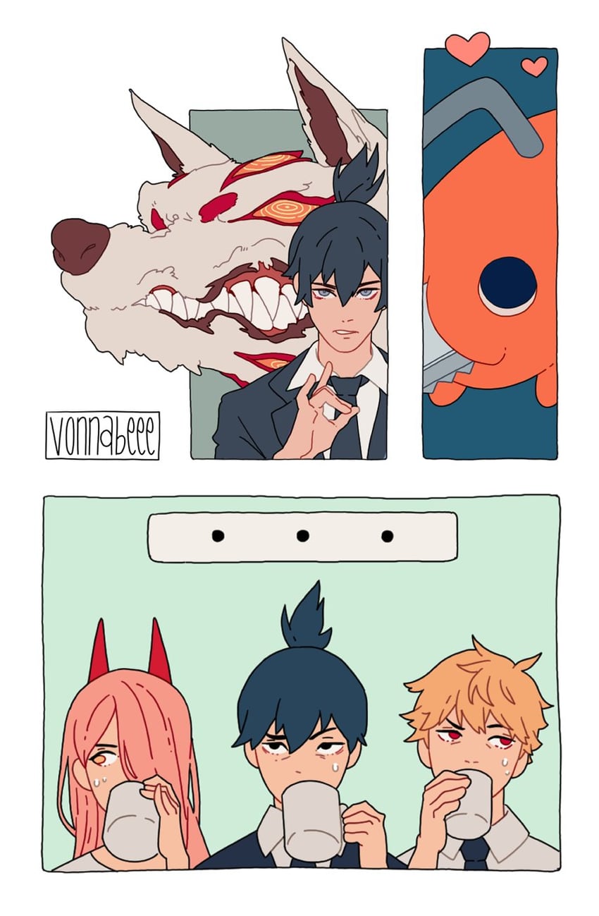 power, denji, hayakawa aki, pochita, and fox devil (chainsaw man) drawn by vonnabeee
