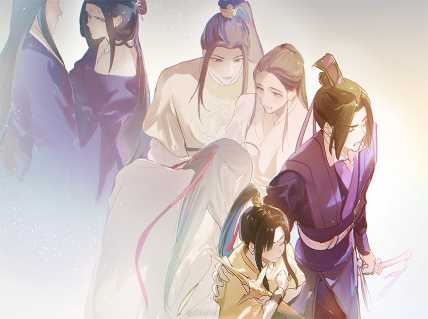 wei wuxian, jiang cheng, jin ling, jiang yanli, jin zixuan, and 2 more (modao zushi) drawn by serenity0712