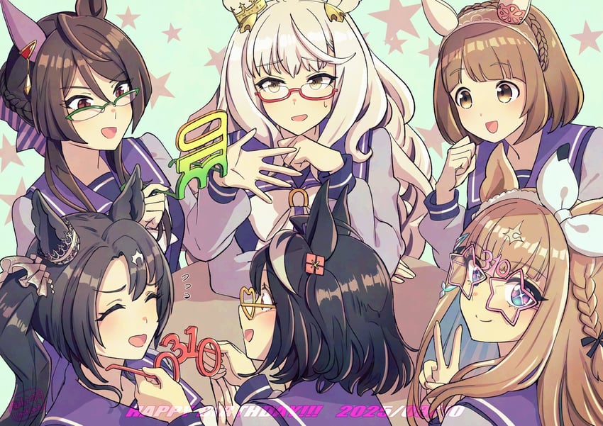 kitasan black, biwa hayahide, almond eye, satono crown, yukino bijin, and 1 more (umamusume) drawn by hi_(ibisf5umauma)
