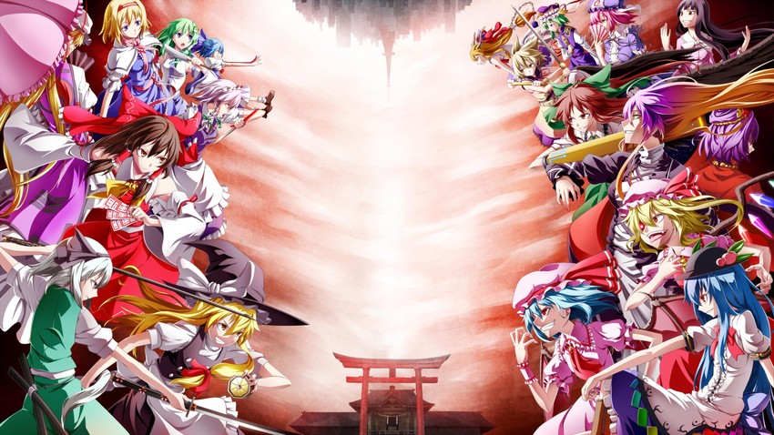 hakurei reimu, kirisame marisa, remilia scarlet, flandre scarlet, izayoi sakuya, and 14 more (touhou and 2 more) drawn by maruyama_kurehiro