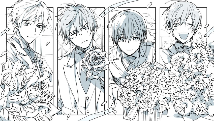 natsuhiko, harumura, akiomi, and fuyuki (suzuki-san) drawn by yamada_(onigori105)