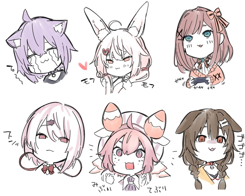 nekomata okayu, inugami korone, shiina yuika, suzuhara lulu, tomari mari, and 1 more (hololive and 2 more) drawn by uno_ryoku