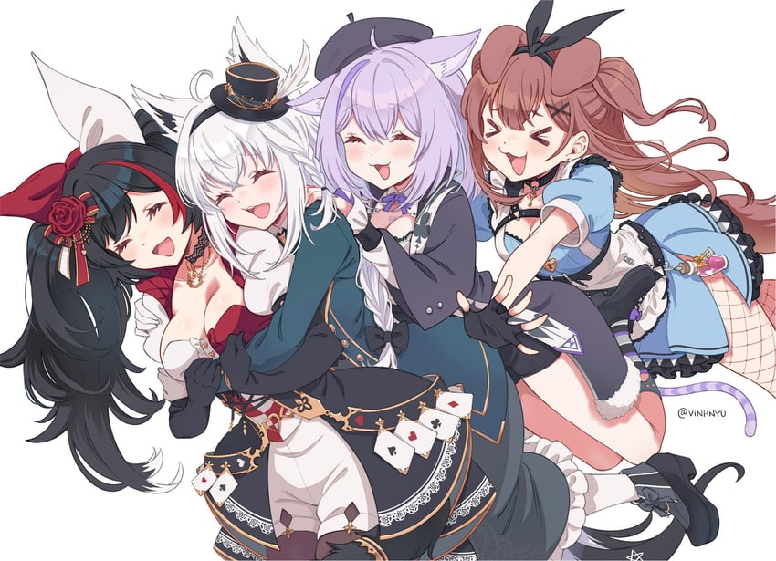 shirakami fubuki, nekomata okayu, ookami mio, and inugami korone (hololive) drawn by vinhnyu