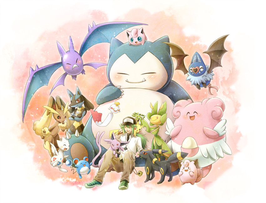 pikachu, lucario, umbreon, n, espeon, and 11 more (pokemon and 1 more) drawn by jin_akhr